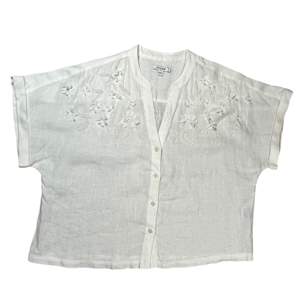 Chico's Linen Button Up Top Women's Sz 6 White 3D Floral Beaded Dolman Sleeve